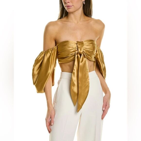 Aiifos Beatriz Silk Top Crop Size Medium Gold Puff Sleeves Revolve - Picture 1 of 7